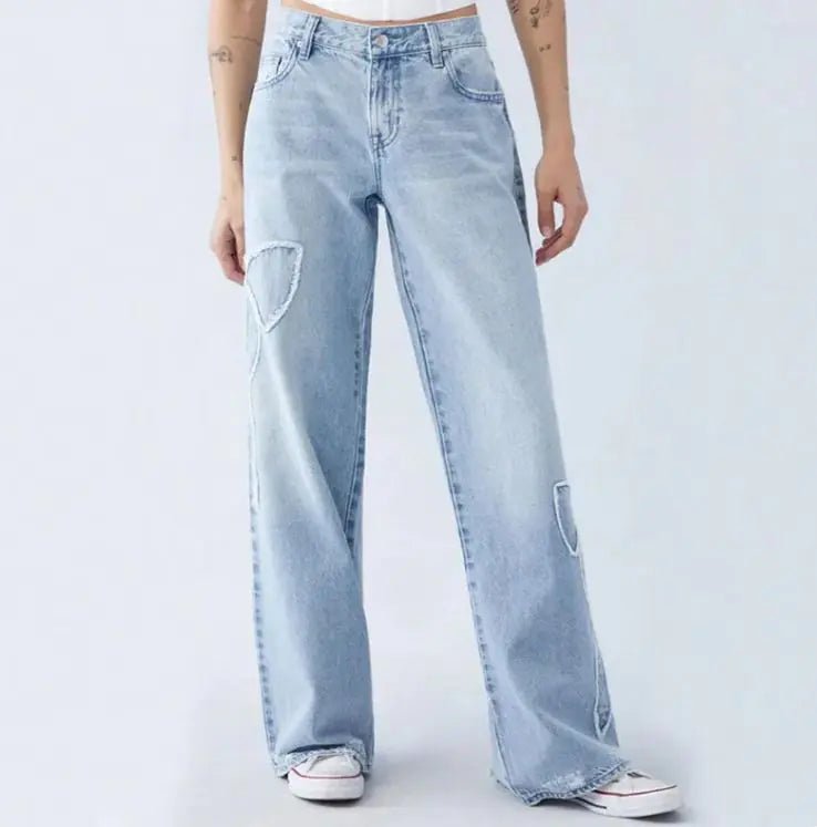 Women's Straight Trousers Embroidered Side Frayed Butterfly Jeans - SensorySoft