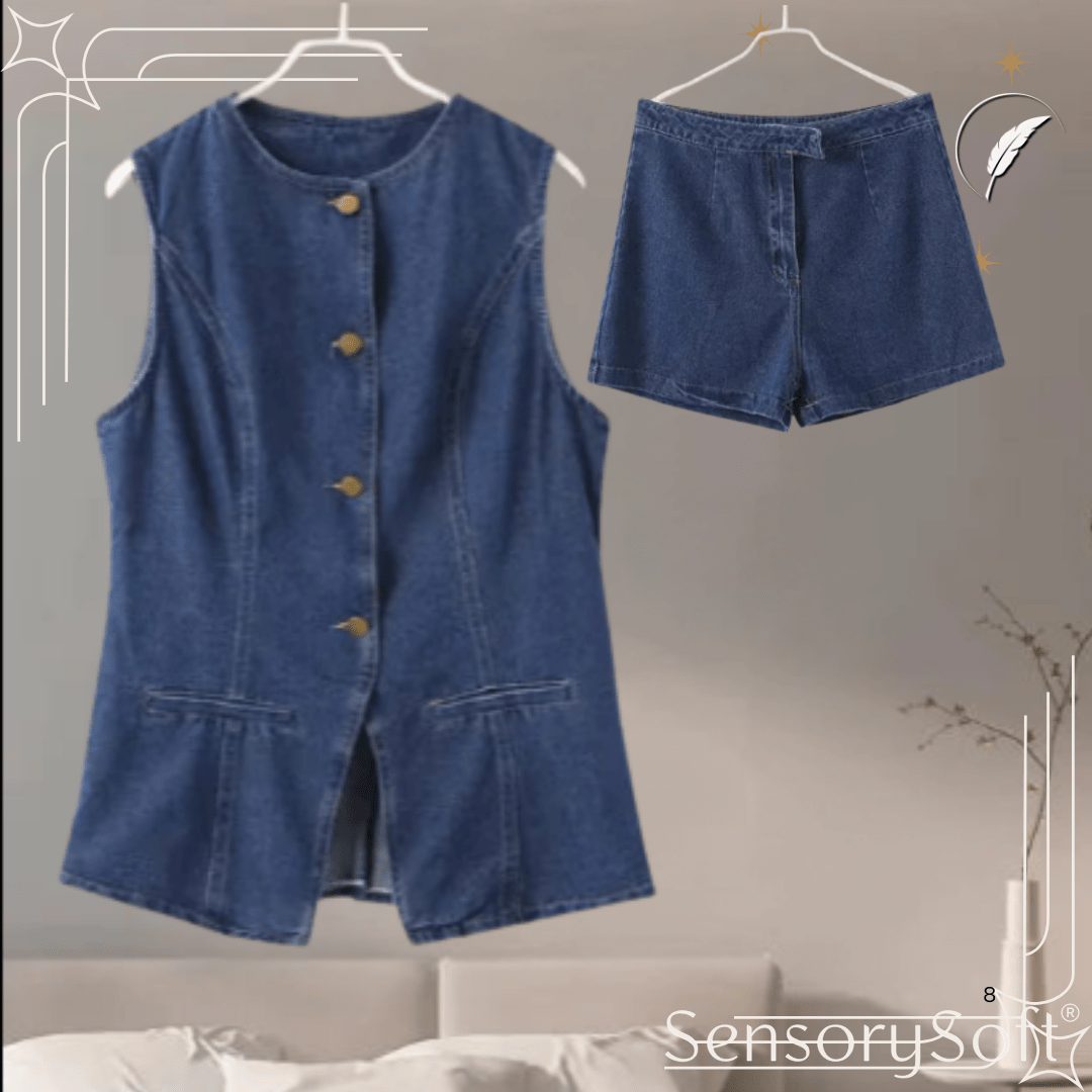 Women's Summer Denim Shorts and Vest Set – High Waist, Wide Leg - SensorySoft