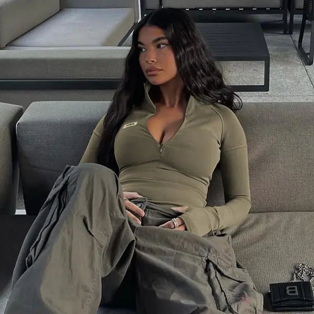 Zip T-Shirt Women's Long Sleeve Crop Tops - SensorySoft