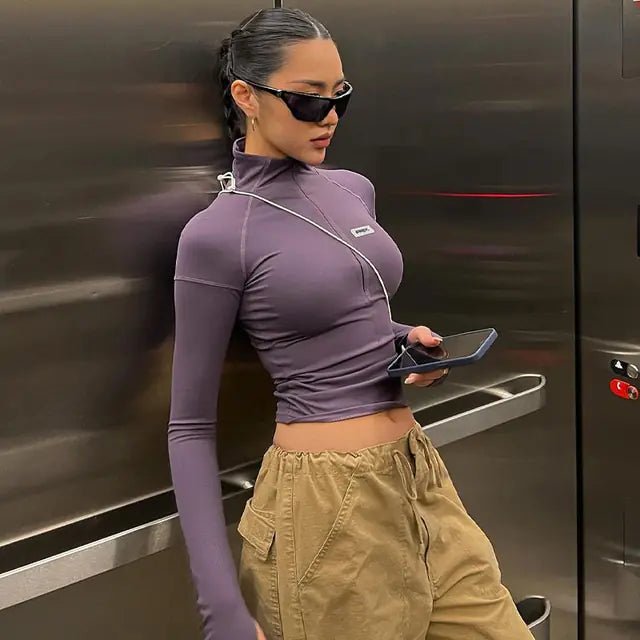 Zip T-Shirt Women's Long Sleeve Crop Tops - SensorySoft