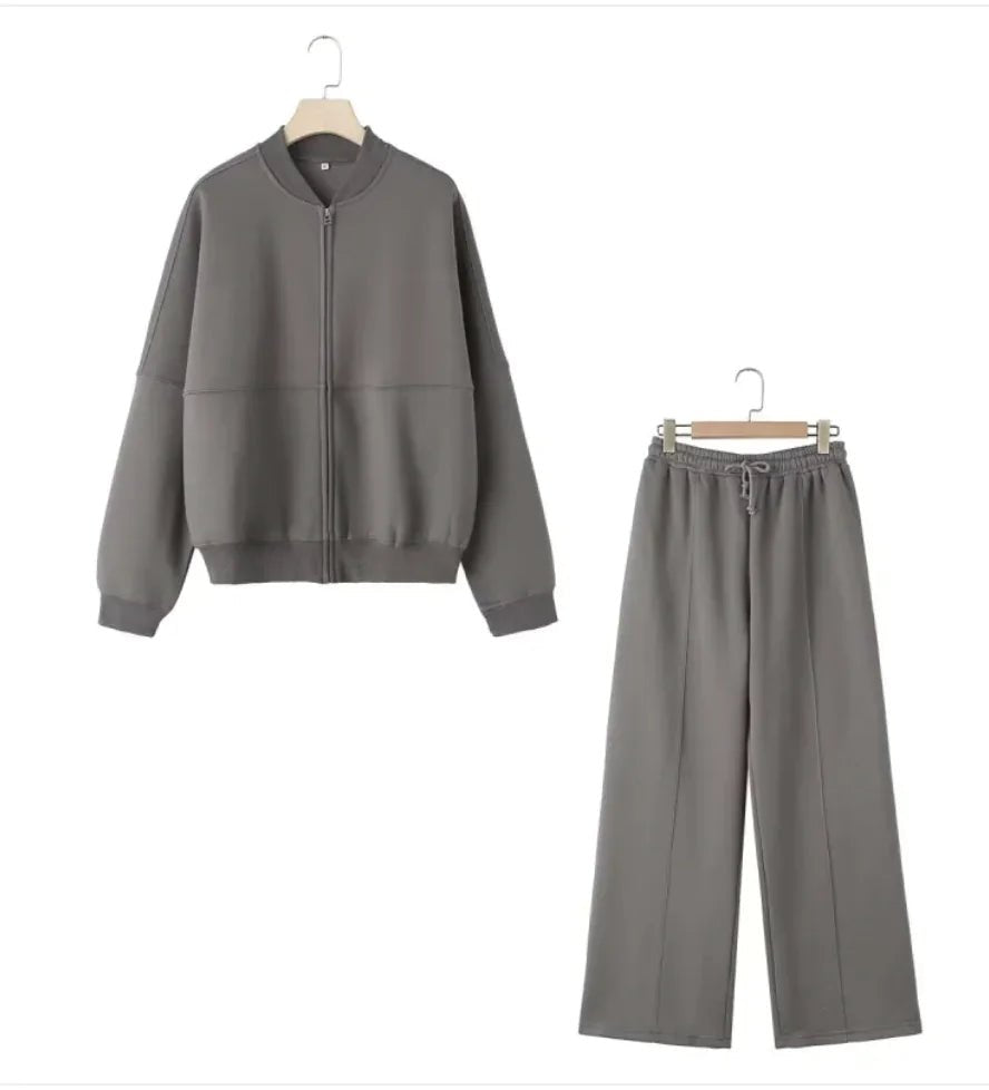 Zipper Bomber Jacket Coat Sweater Loose High Waist Flannel Pants - SensorySoft