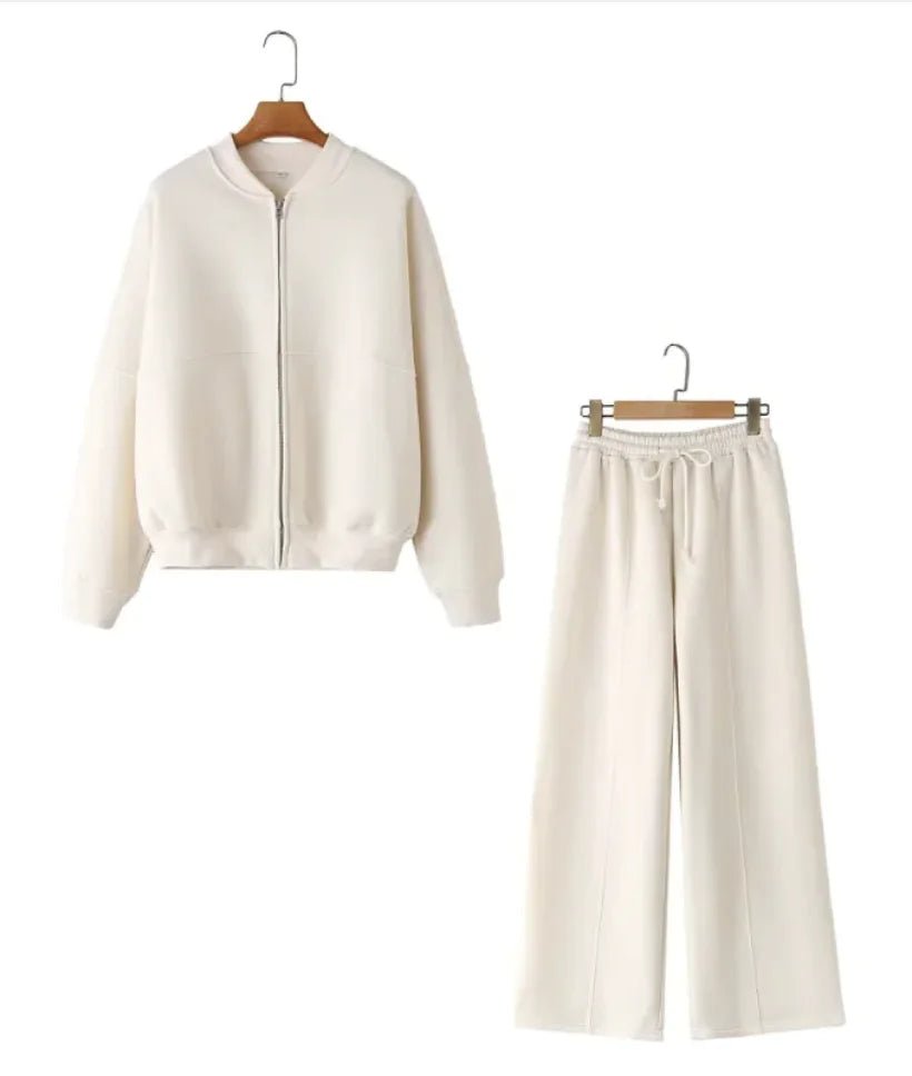 Zipper Bomber Jacket Coat Sweater Loose High Waist Flannel Pants - SensorySoft