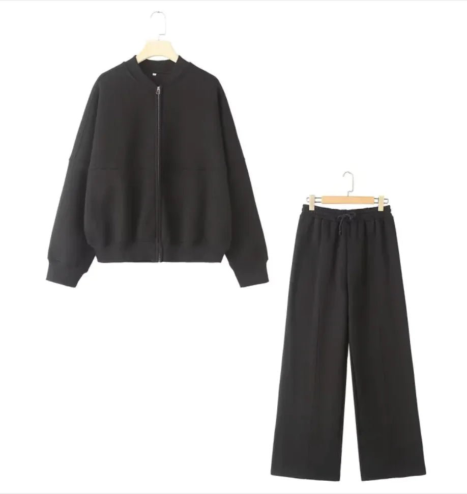Zipper Bomber Jacket Coat Sweater Loose High Waist Flannel Pants - SensorySoft