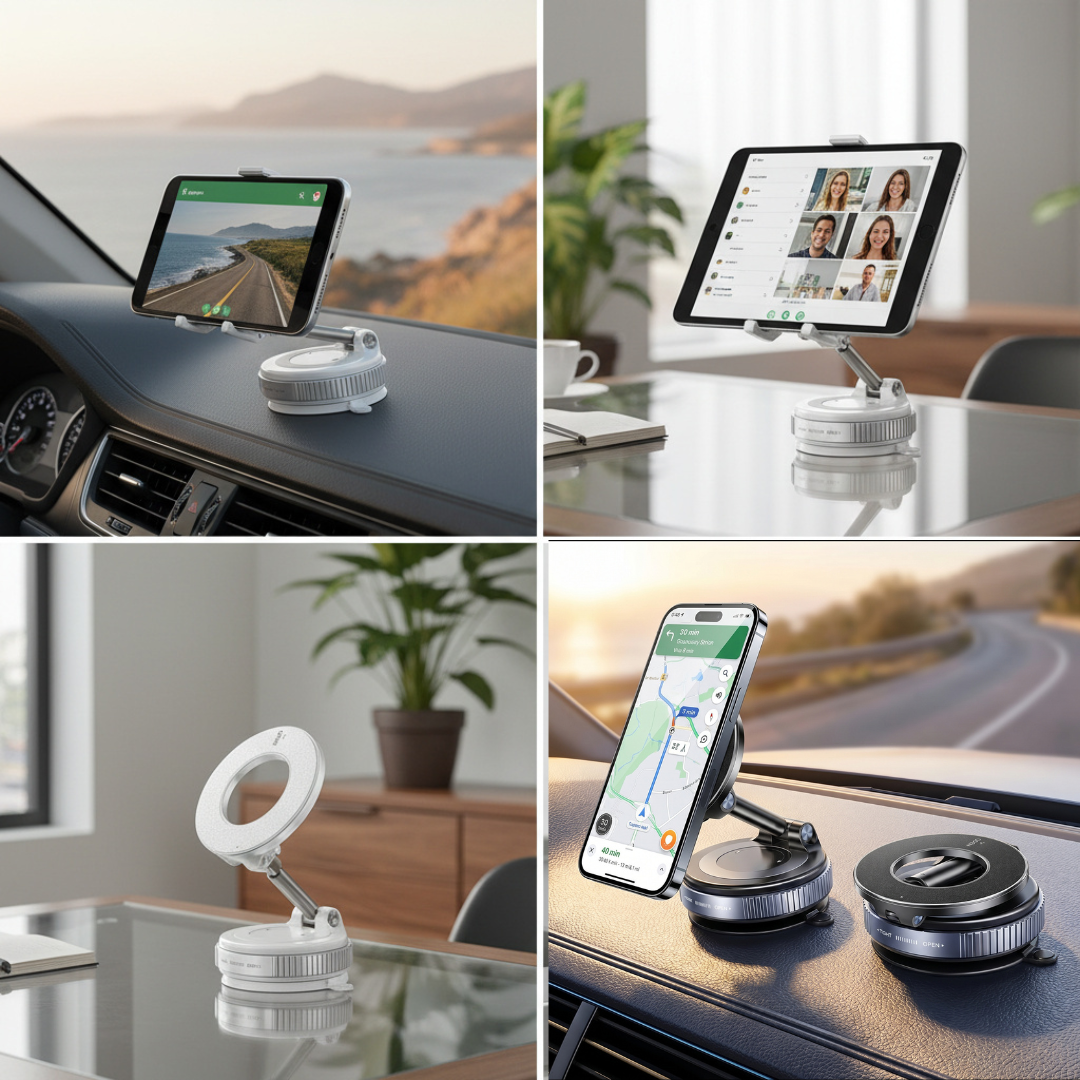 Collage of a smartphone holder in various settings including car dashboard, desk, and car window.