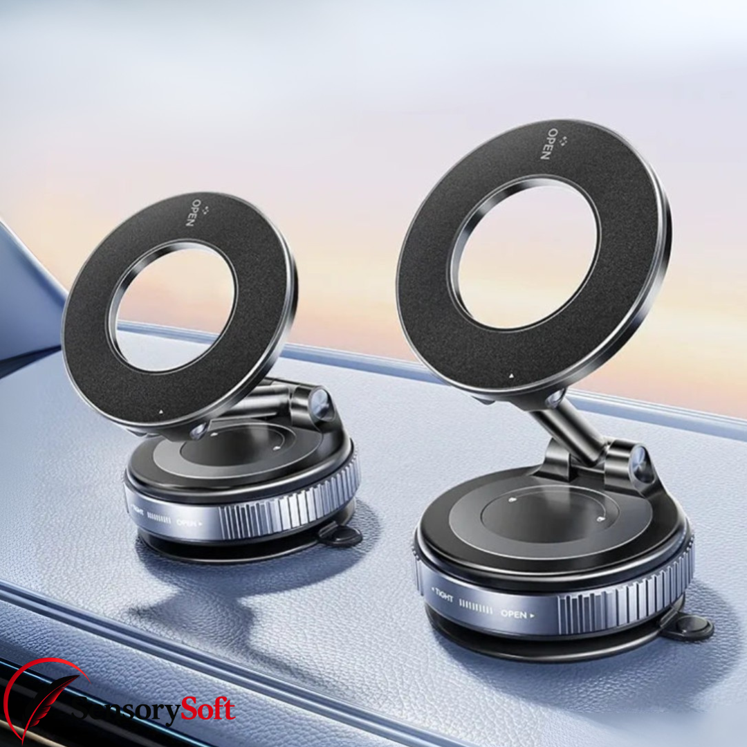 Two car phone holders on a reflective surface with a blurred background