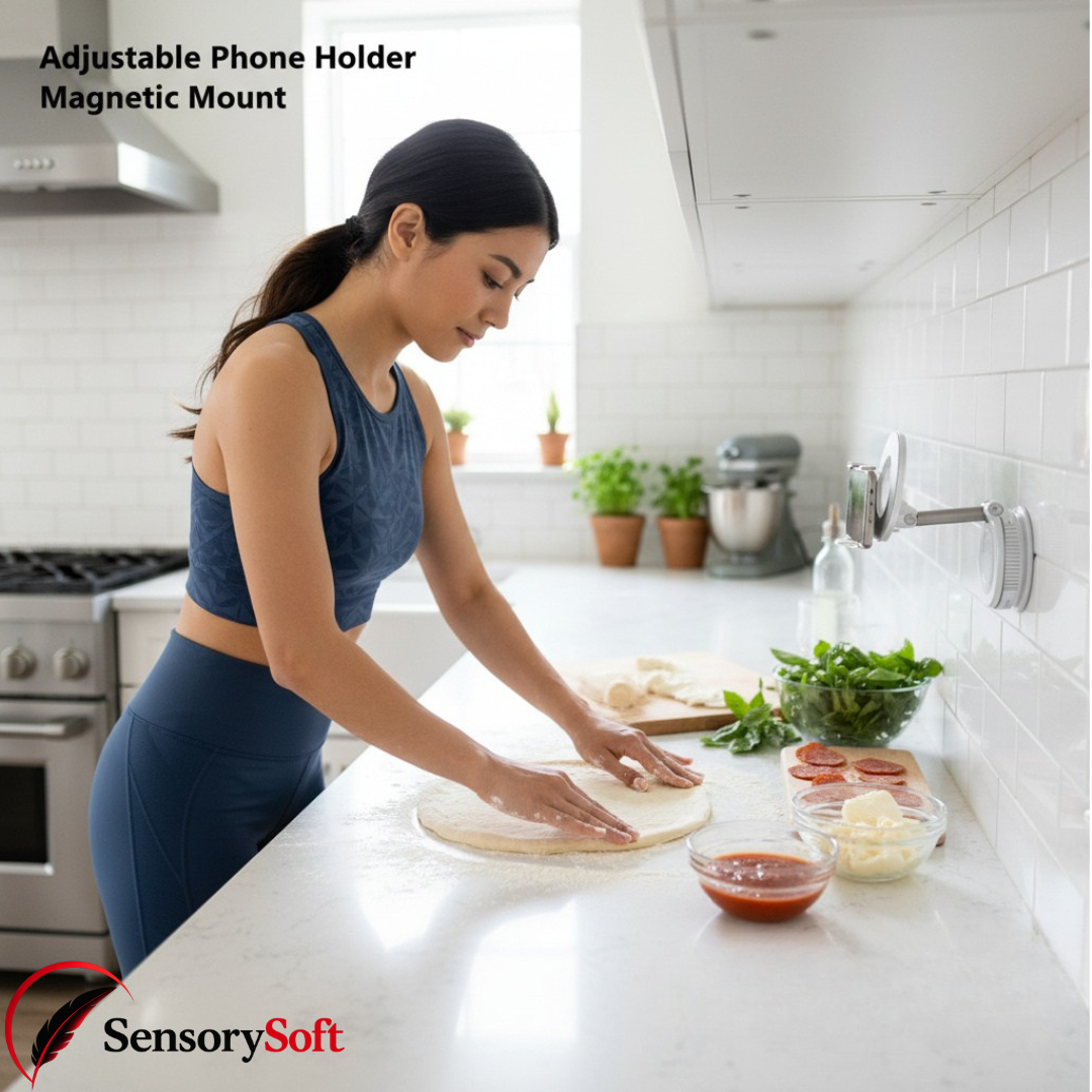 Woman in a kitchen preparing pizza with a SensorySoft adjustable phone holder magnetic mount on the wall.