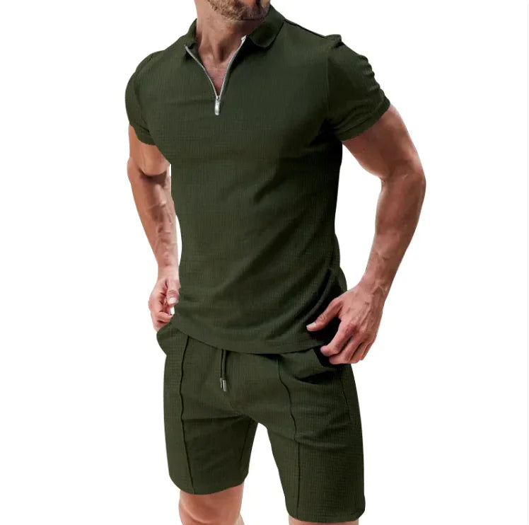 Men's 2-Piece Waffle Zip Polo & Drawstring Shorts Set