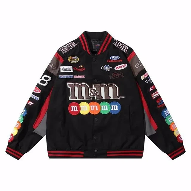 M and M’s Unisex Bomber Jacket – Playful, Stylish, and Iconic