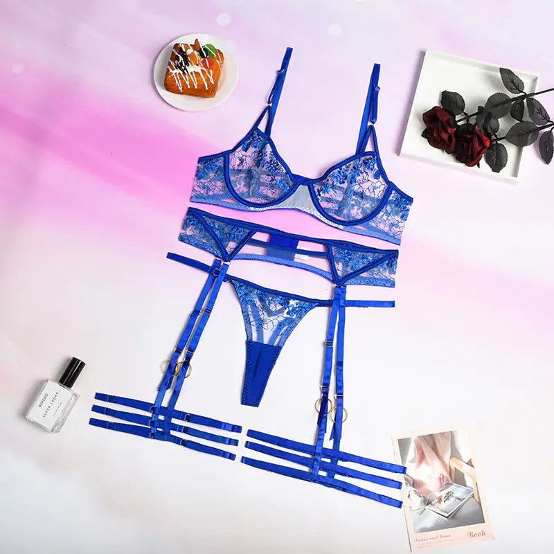 3 Piece Blue Lacey Lingerie Set - SensorySoftShop