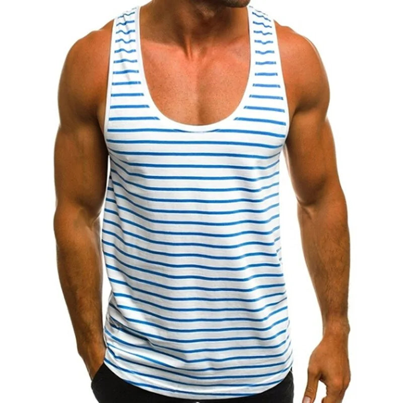 Men's Striped Sleeveless O Neck Tank Tops for Summer Beach and Holidays