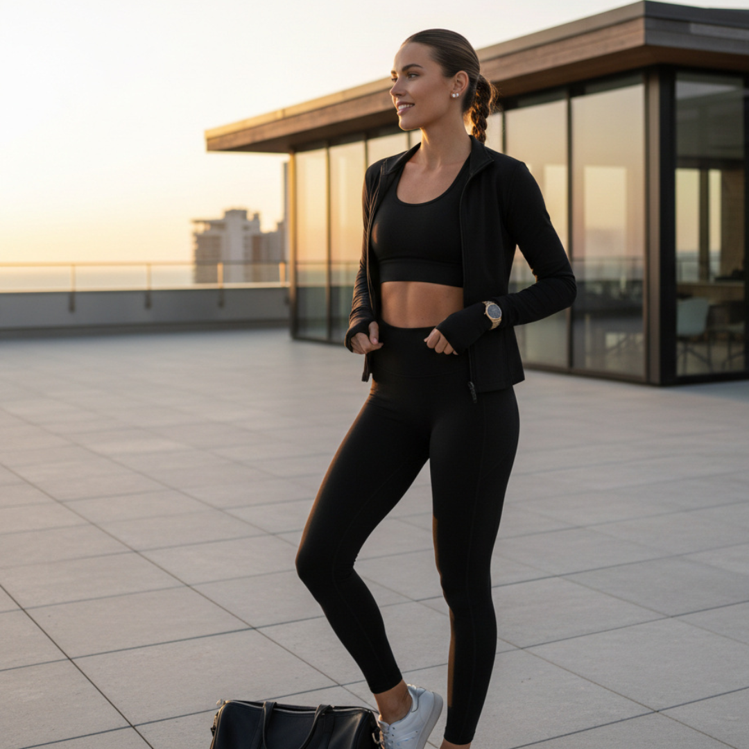 Woman in black athletic wear standing on a rooftop at sunset
