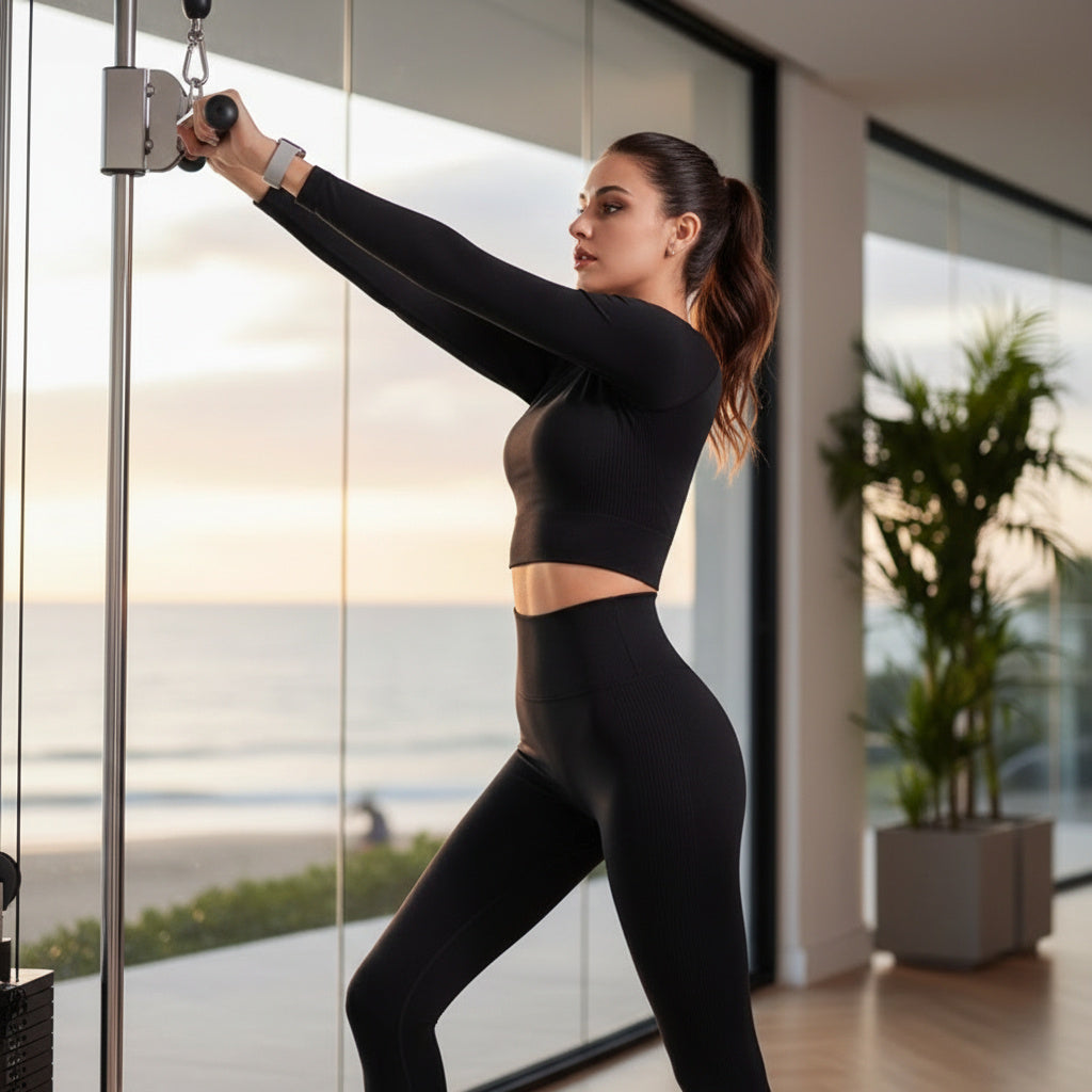Woman exercising in a modern indoor setting with large windows