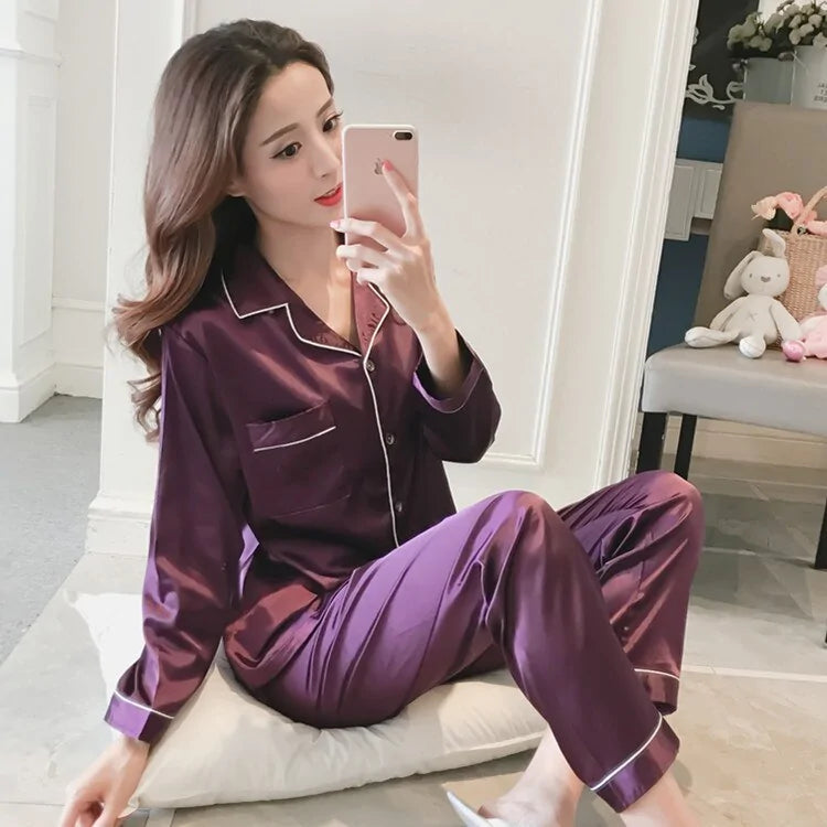 Silk Satin Pajamas-Long Pants and Tops