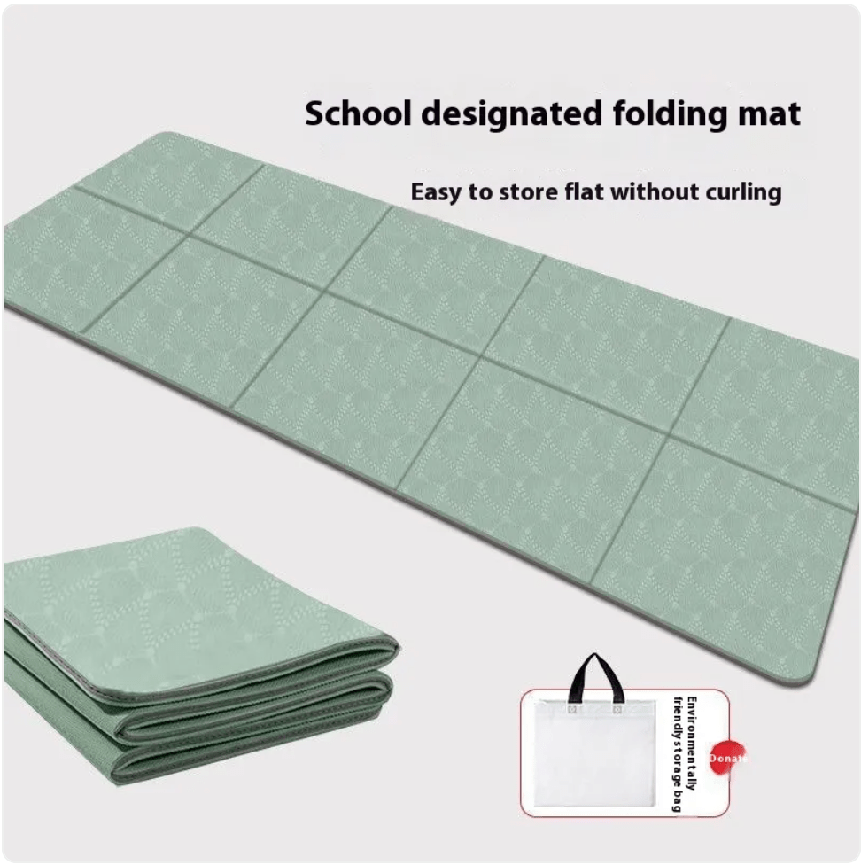 Green folding mat with text indicating it's a school designated mat, easy to store flat without curling.