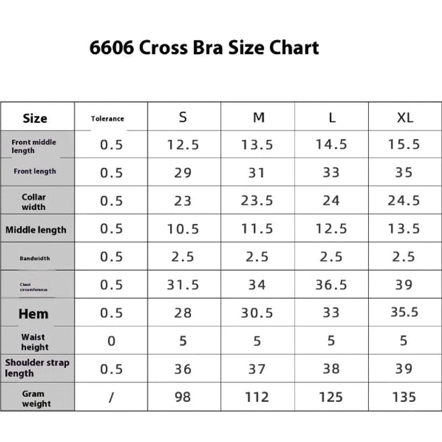6606 Cross Bra Size Chart with measurements for different sizes.