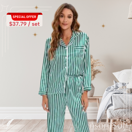 Two Piece Winter Pyjamas in Striped Satin Silk