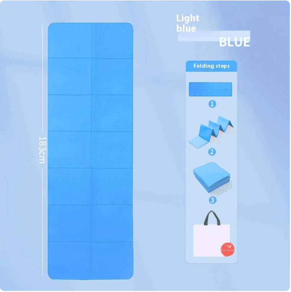 Light blue mat with folding instructions and a shopping bag icon on a light blue background