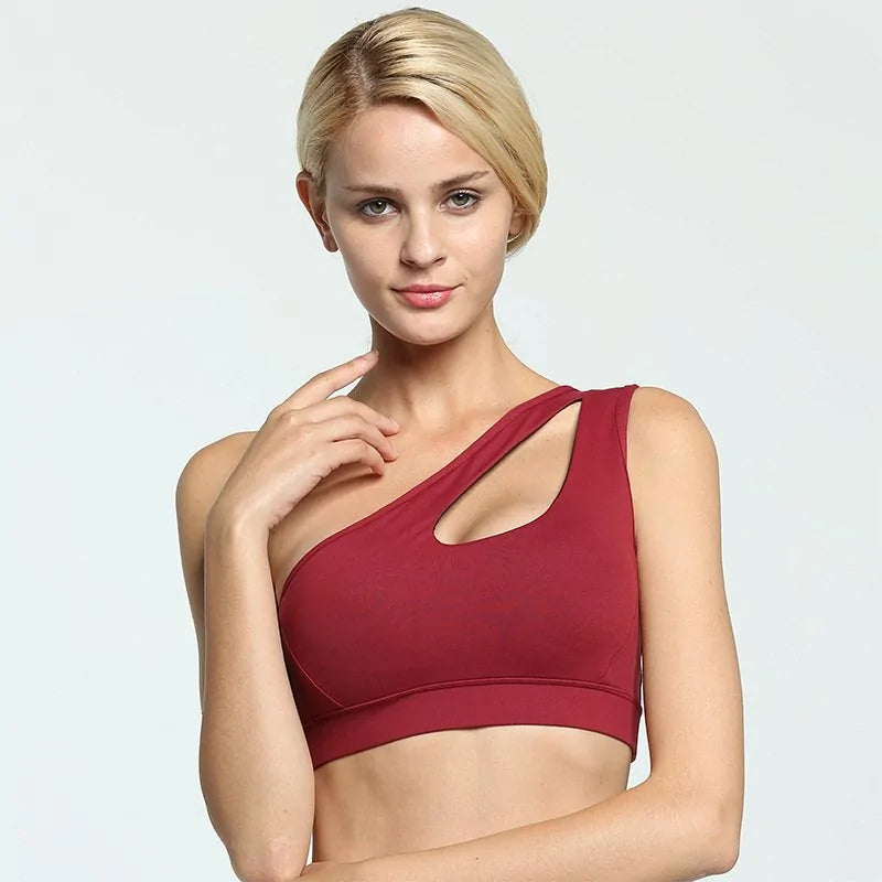 One-Shoulder Yoga Sports Bra; Sexy, Wire-Free, Push-Up Crop Top