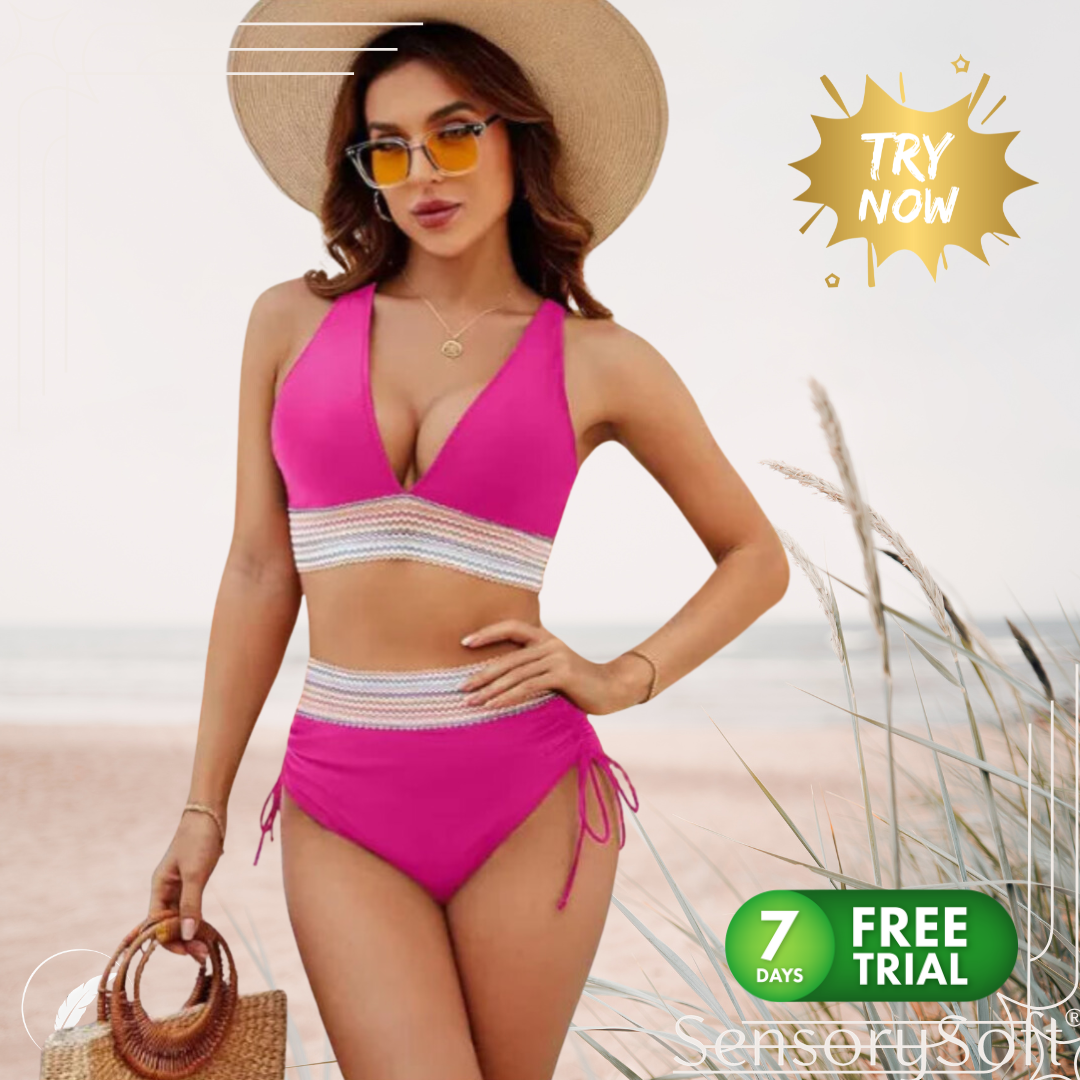 High-Waist Color Block Bikini Set with Drawstring Detail