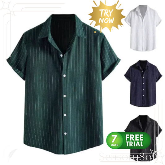 Men's Casual Striped Shirt Short Sleeve Turn-down Collar Tops