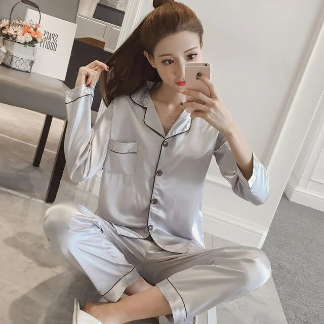 Silk Satin Pajamas-Long Pants and Tops