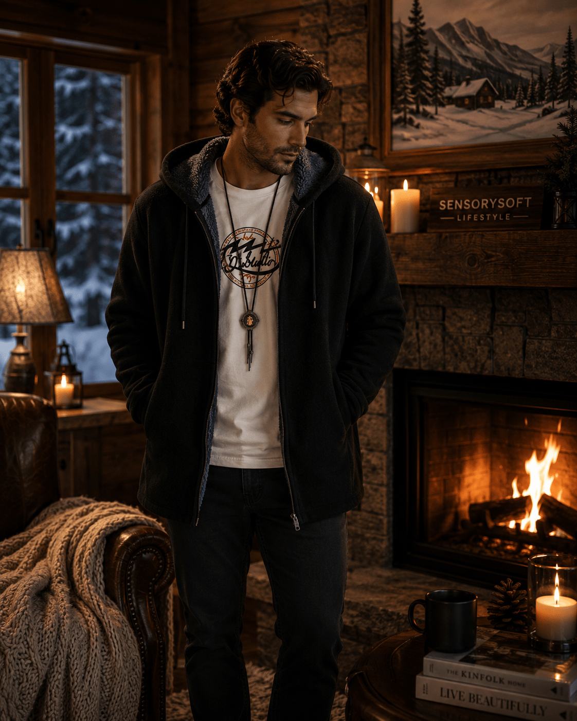 A man wearing a black zip-up hoodie over a white graphic t-shirt and dark pants, standing in a cozy, rustic cabin living room with a fireplace and warm ambient lighting.