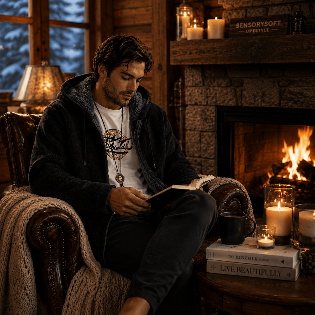 A man sits in a leather armchair in a cozy log cabin living room, wearing a black zip-up hoodie over a white graphic t-shirt and dark sweatpants, reading a book. A fireplace with a fire burns in the background, and candles, books, and a mug sit on a side table in the foreground.