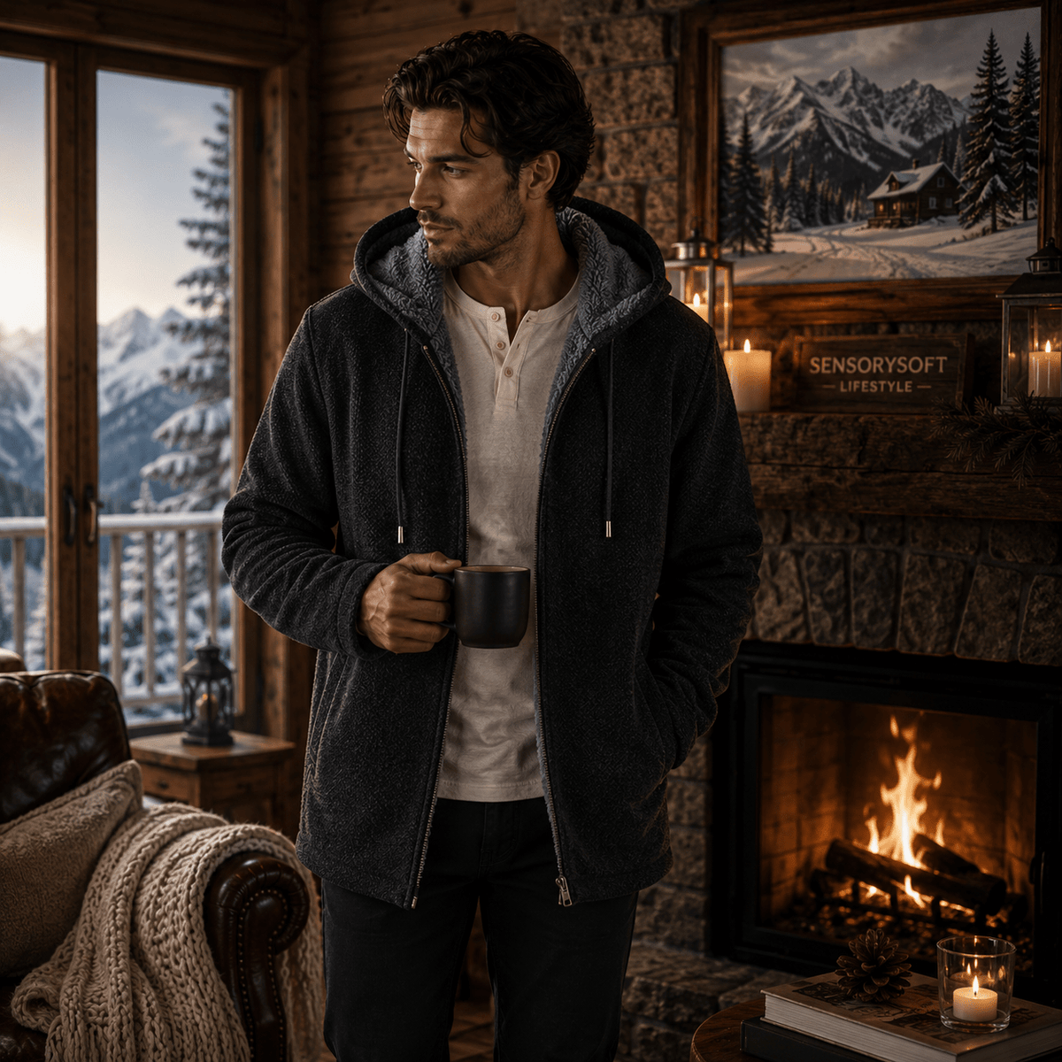 A man wearing a dark charcoal zip-up hoodie with a gray sherpa-lined hood stands in a cozy cabin living room with a fireplace and mountain view, holding a black mug.