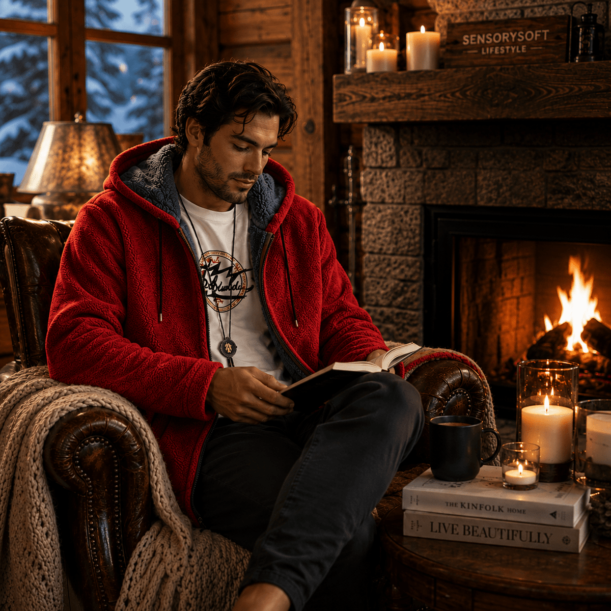 A man sits in a cozy wooden armchair in a rustic cabin living room, wearing a red fleece hoodie with a gray sherpa-lined hood over a white graphic t-shirt. A warm fire burns in the stone fireplace behind him, and candles, books, and a mug sit on the side table.