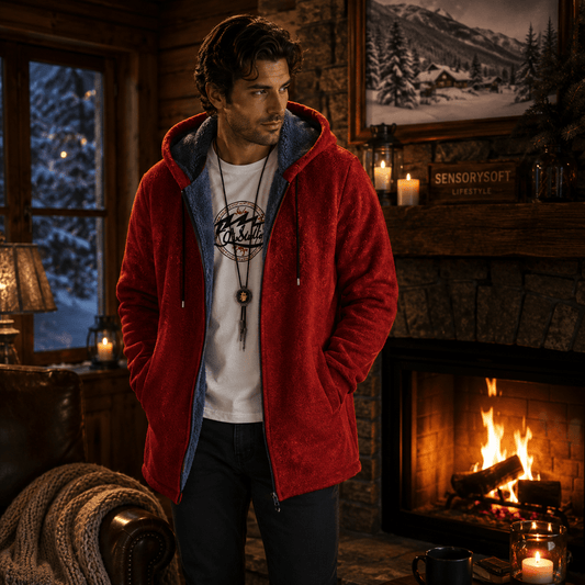 A man wearing a red sherpa zip-up hoodie with a blue-lined hood and a white graphic t-shirt, standing in a cozy, rustic cabin living room with a fireplace and a window showing a snowy night scene.