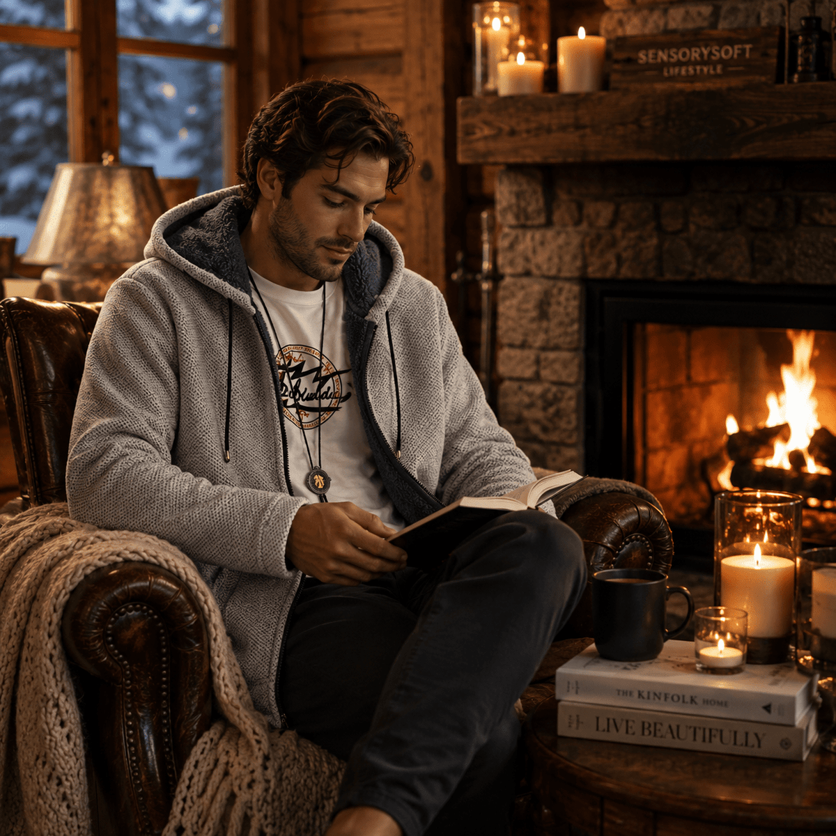 A man sits in a leather armchair in a cozy cabin living room, wearing a light gray fleece zip-up hoodie over a white graphic t-shirt. A warm fire burns in the stone fireplace behind him, and candles, books, and a mug sit on a wooden side table nearby.