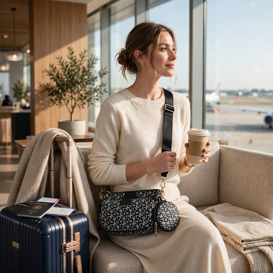 A woman sits on a beige lounge chair by a large window in an airport lounge, wearing a cream sweater and holding a takeaway coffee cup. She is carrying a black-and-white monogram crossbody bag with a matching zip pouch.
