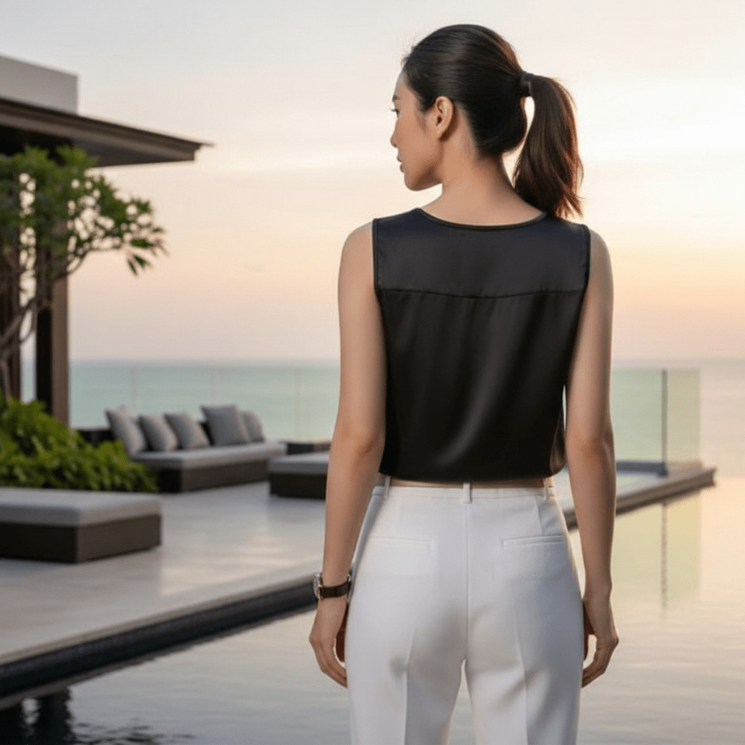 Woman in black top and white pants standing by a pool with a scenic view.