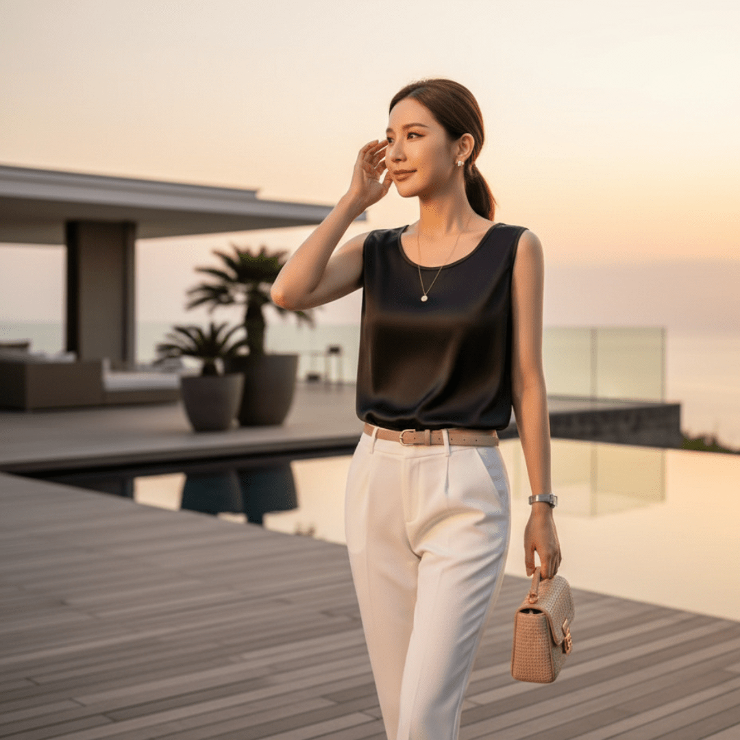 Woman in black top and white pants standing by a poolside at sunset