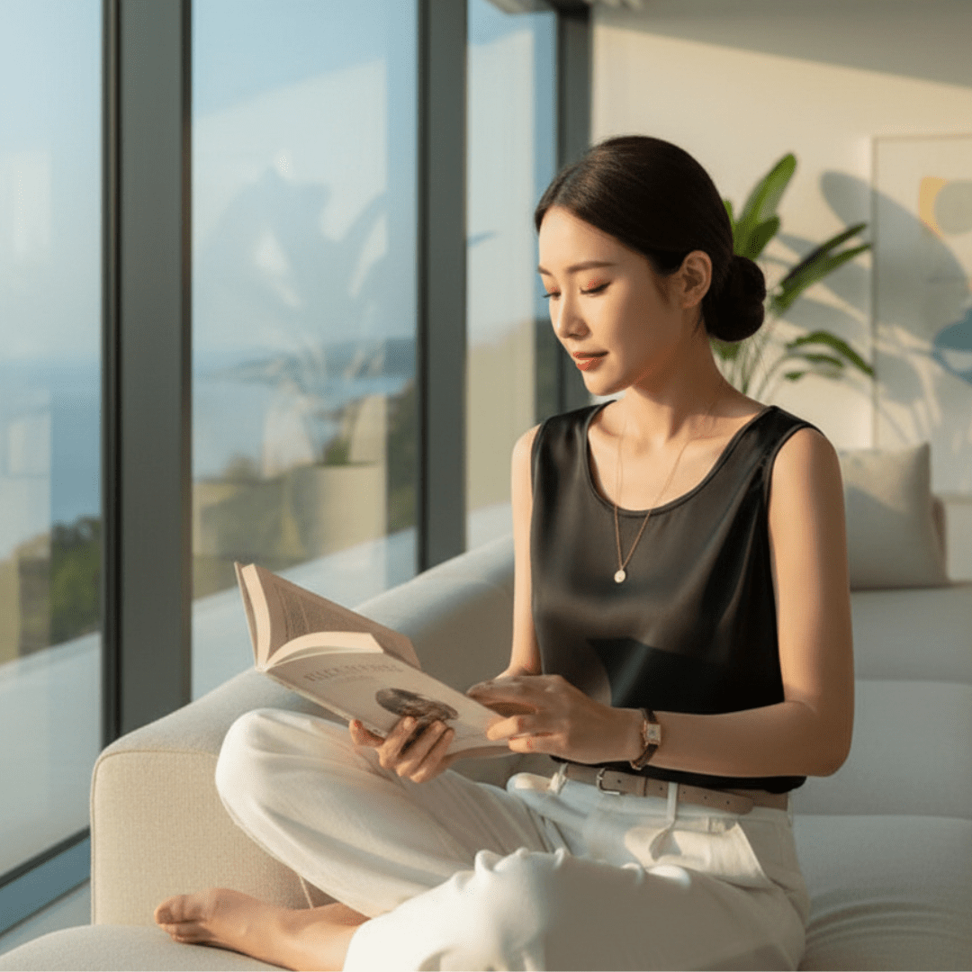 Woman reading a book on a couch with a scenic view outside the window