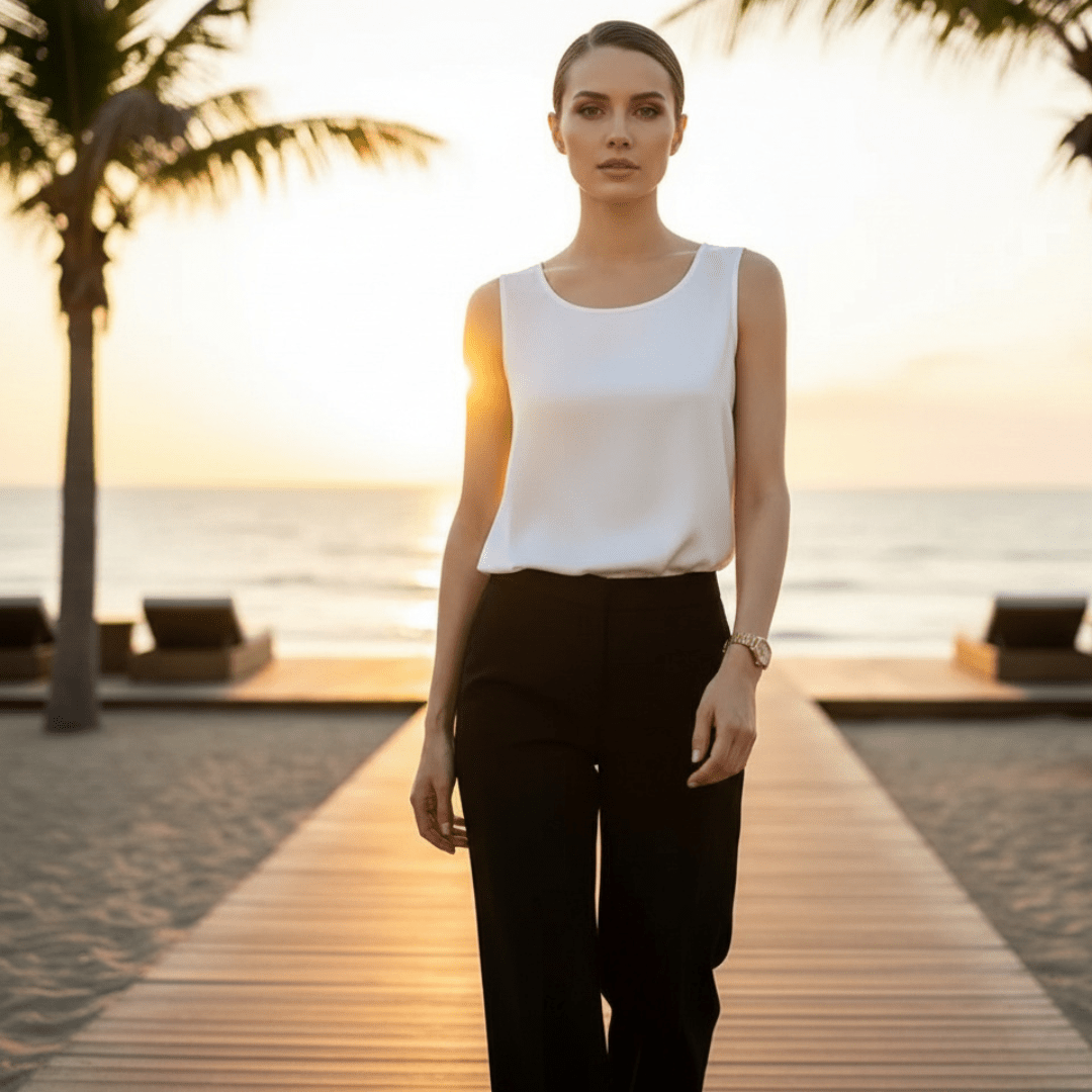 Woman standing on a wooden path by the beach with palm trees and sunset in the background