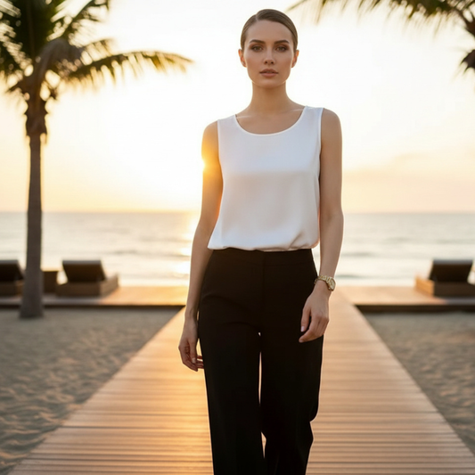 Woman standing on a wooden path by the beach with palm trees and sunset in the background