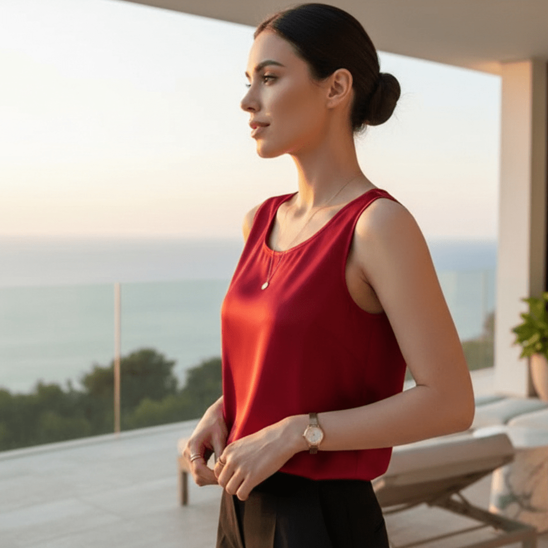 Woman in a red sleeveless top standing on a balcony with a scenic view.