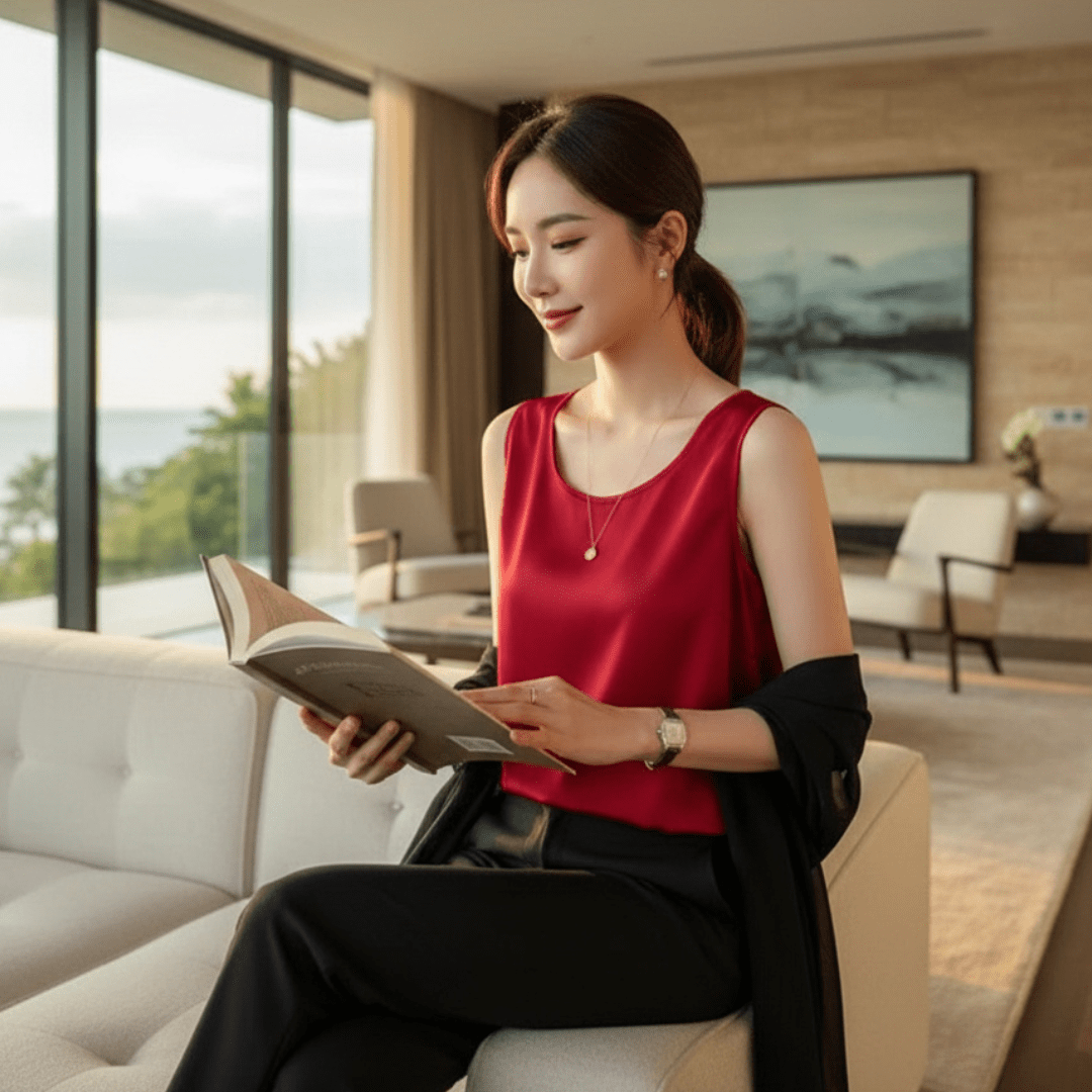 Woman in a red top reading a book in a modern living room with large windows.