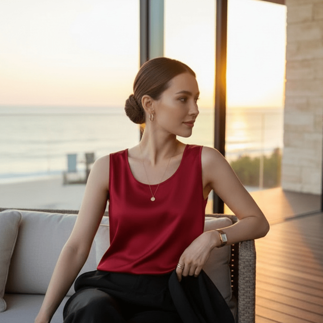 Woman in a red top sitting on a chair with a blurred outdoor background
