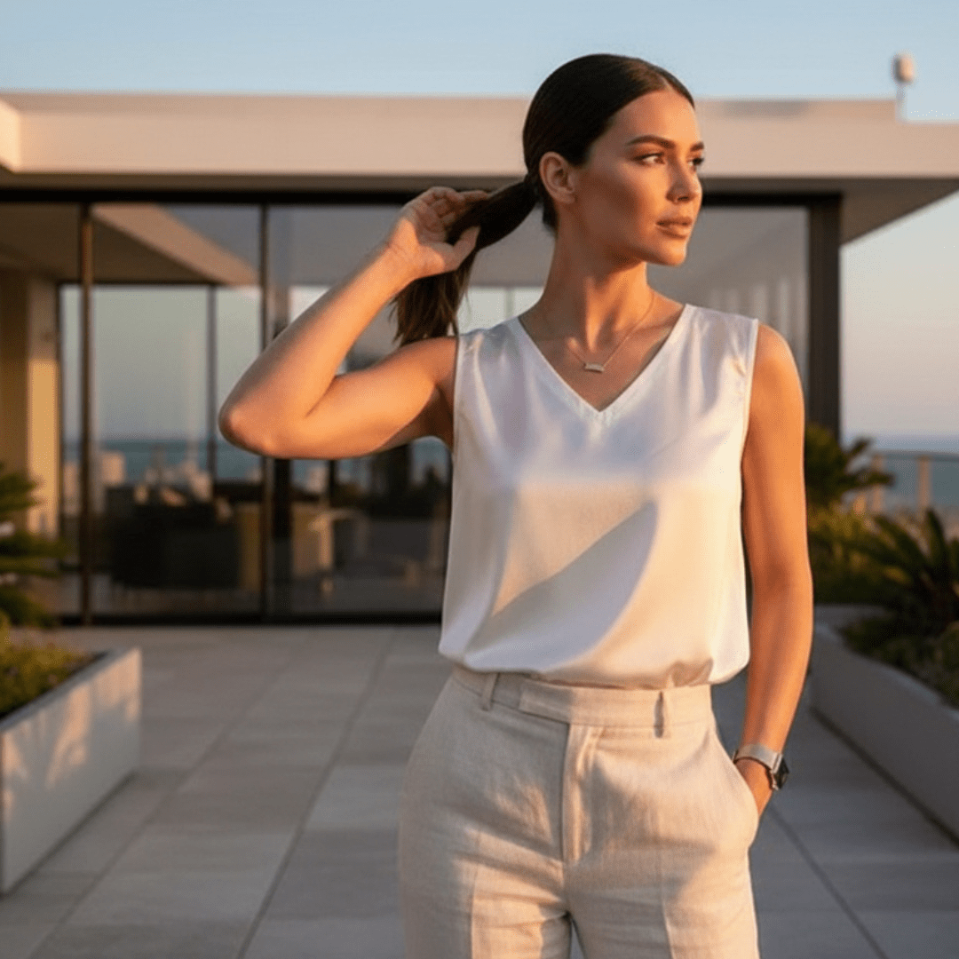 Woman in a white sleeveless top and beige pants standing outdoors with modern architecture in the background.