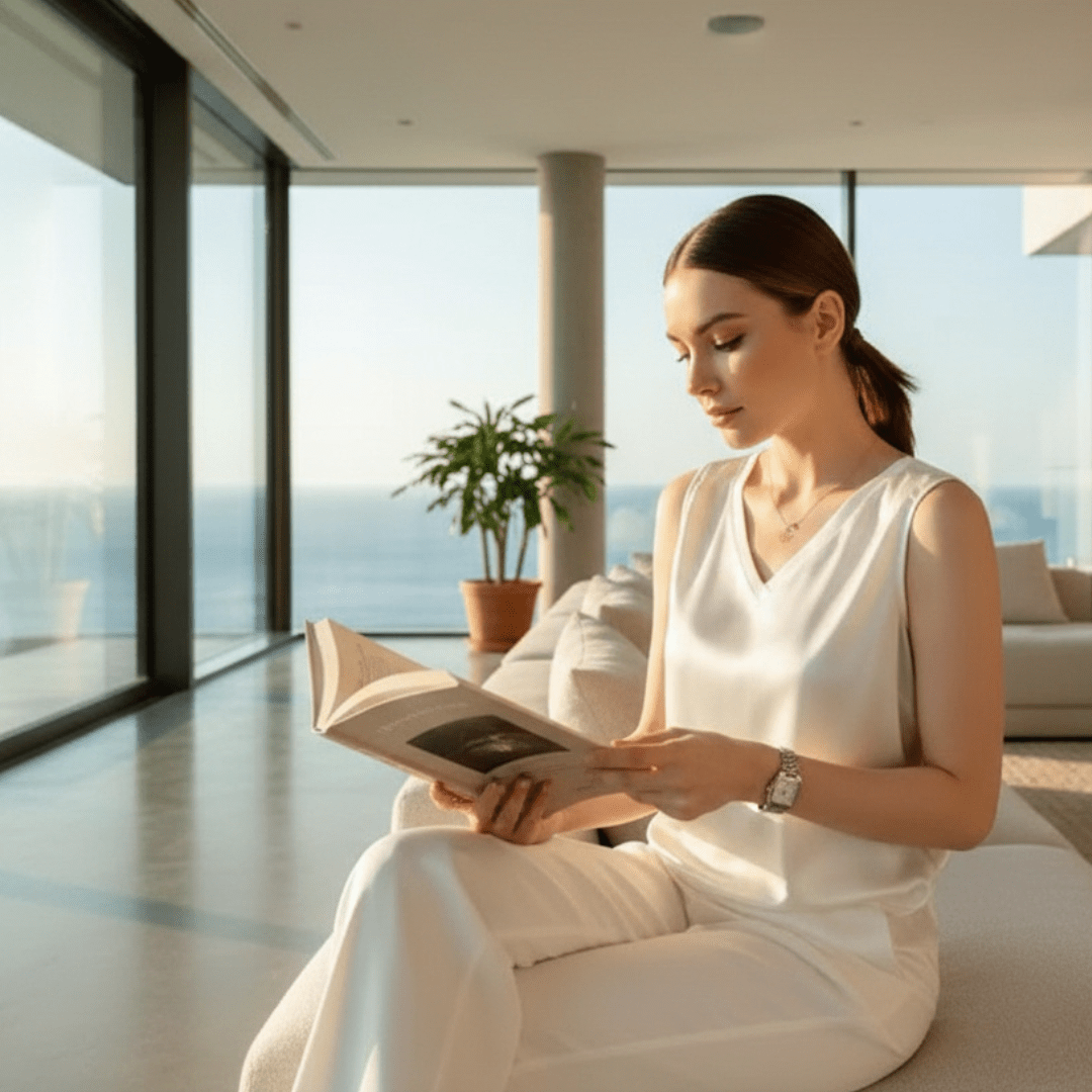 Woman reading a book in a modern living room with large windows.