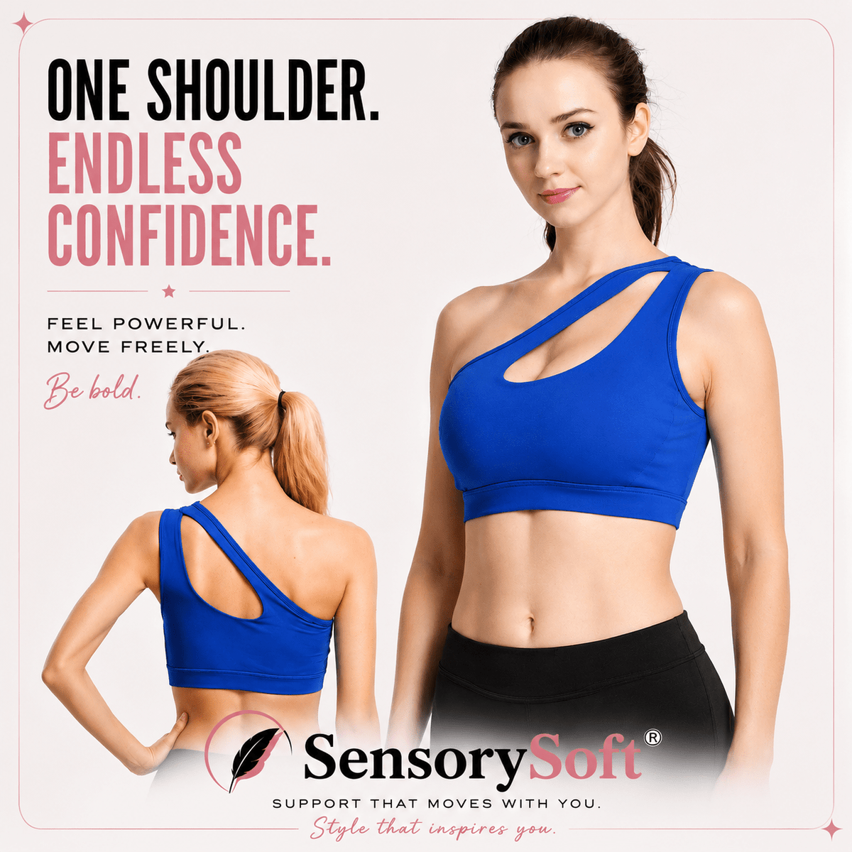Woman wearing a blue sports bra with text about confidence and Sensory Soft brand.