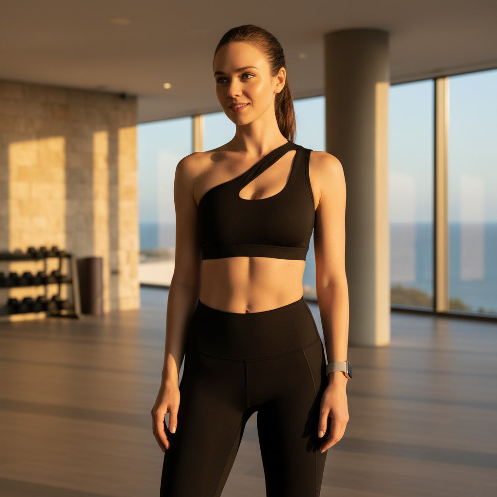 Woman in black athletic wear standing in a modern indoor setting with large windows.
