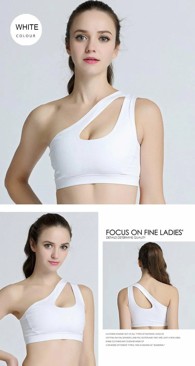 One-Shoulder Yoga Sports Bra; Sexy, Wire-Free, Push-Up Crop Top