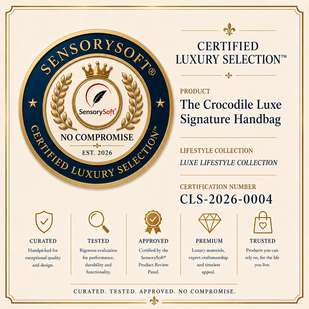 A cream-colored promotional graphic for SensorySoft featuring a large circular 'Certified Luxury Selection' seal and text reading 'Certified Luxury Selection Product: The Crocodile Luxe Signature Handbag' with feature icons below. CLS-2026-0004