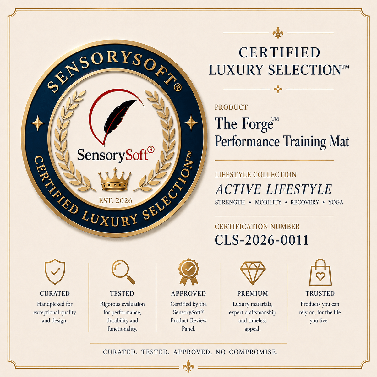 A branded product information card for the SensorySoft The Forge Performance Training Mat. The card has a cream background with gold border lines and text, plus a large circular SensorySoft certification seal on the left.
