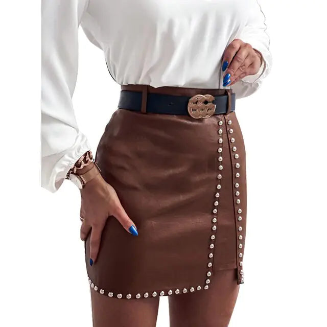 Elegant Rhinestone Leather Skirt