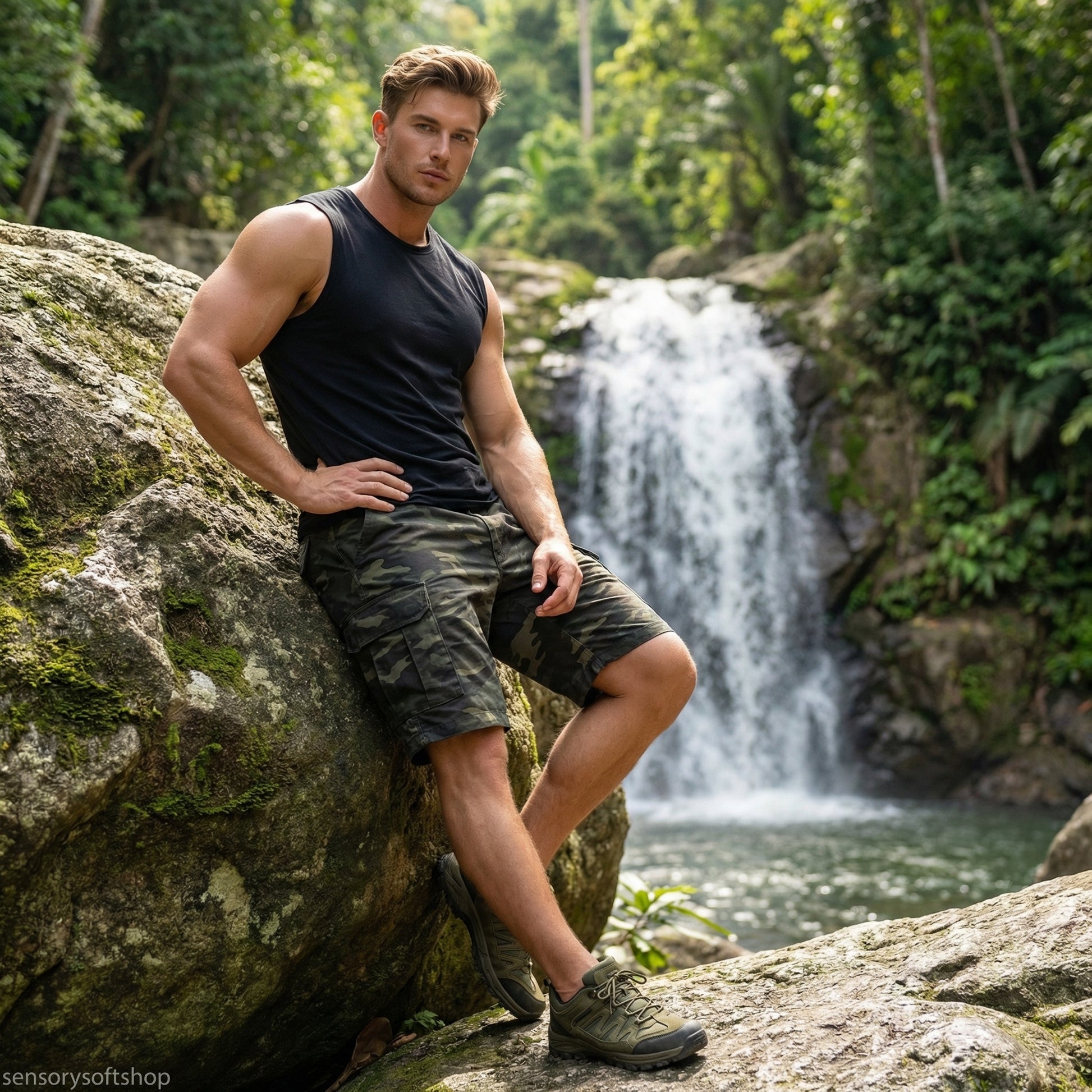 Man leaning against a rock with a waterfall in the background