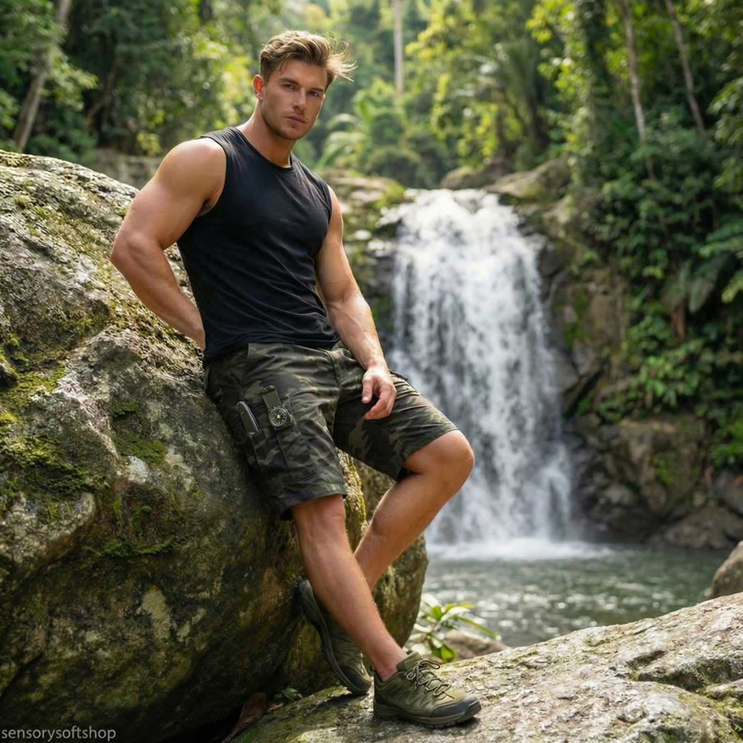 Man leaning against a rock with a waterfall in the background